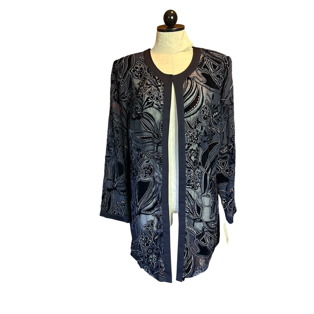 P.I. Sport New York Navy Burnout‎ Velvet Floral Open Cardigan Jacket 14W NEW